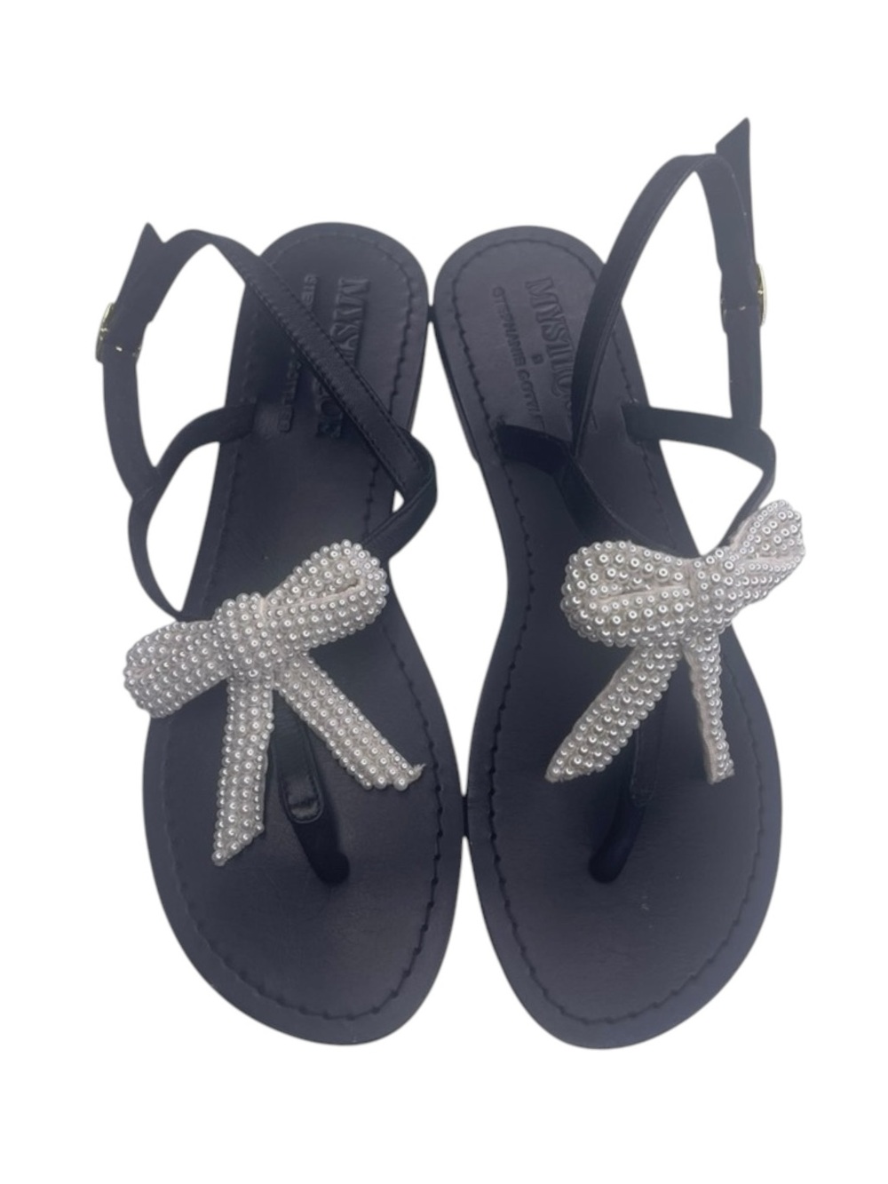 Mystique x Stephanie Gottlieb 𞠬 Liza Pearl Bow Flat Sandals 𞠬 Black Leather 𞠬 - Picture 8 of 16